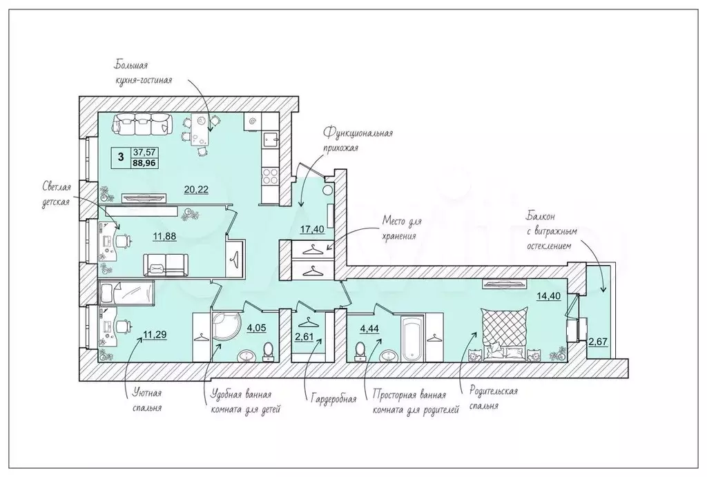 3-к. квартира, 89 м, 2/4 эт. - Фото 1