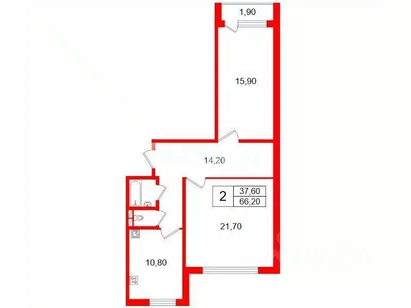 Квартира, 2 комнаты, 66.2 м - Фото 1
