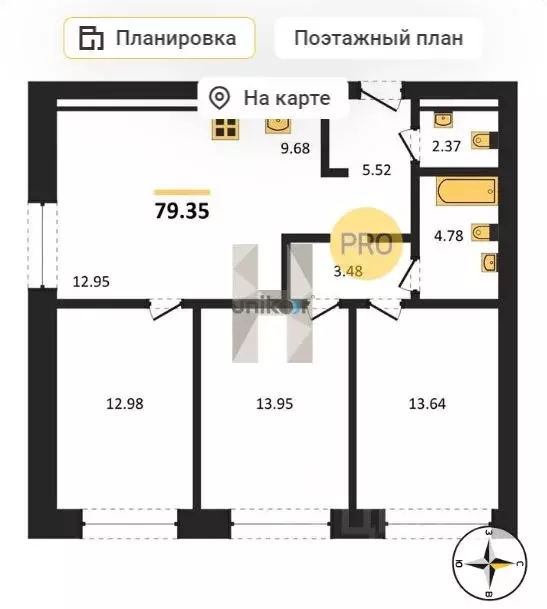 3-к кв. Башкортостан, Уфа ул. Рудольфа Нуреева, 7 (79.4 м) - Фото 1