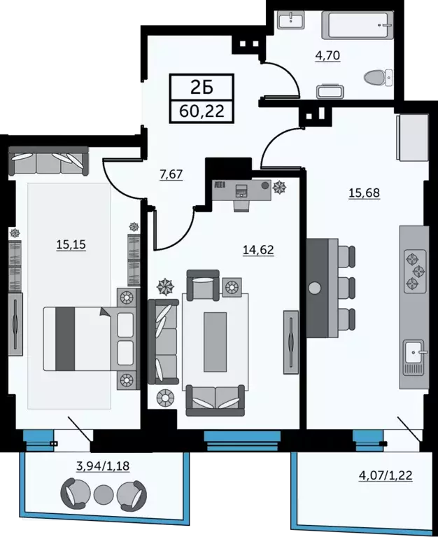 2-к квартира, 59.62 м - Фото 0