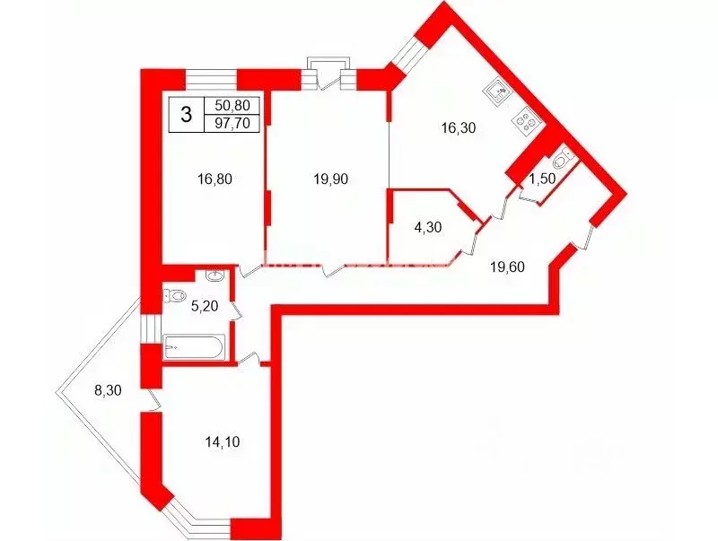 3-к кв. Санкт-Петербург ул. Беринга, 1 (97.7 м) - Фото 2