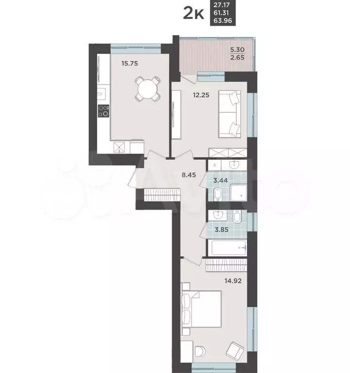 2-к. квартира, 61,3 м, 4/9 эт. - Фото 1