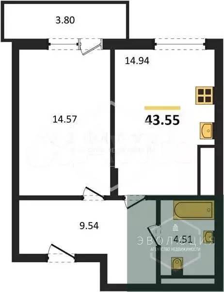1-к. квартира, 43,6 м, 3/7 эт. - Фото 0
