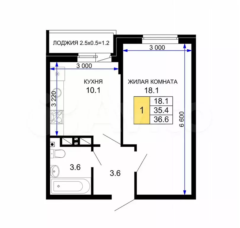 1-к. квартира, 36,6 м, 12/16 эт. - Фото 1