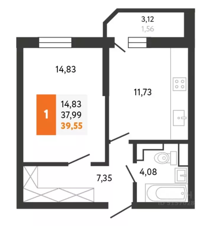 1-к кв. Краснодарский край, Краснодар ул. Имени Калинина, 13к58 (40.0 ... - Фото 1