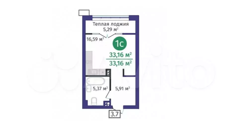Квартира-студия, 33,2 м, 2/24 эт. - Фото 1
