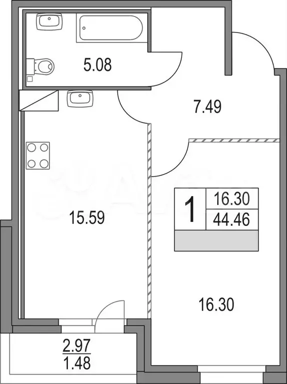 1-к. квартира, 44,5 м, 10/16 эт. - Фото 0