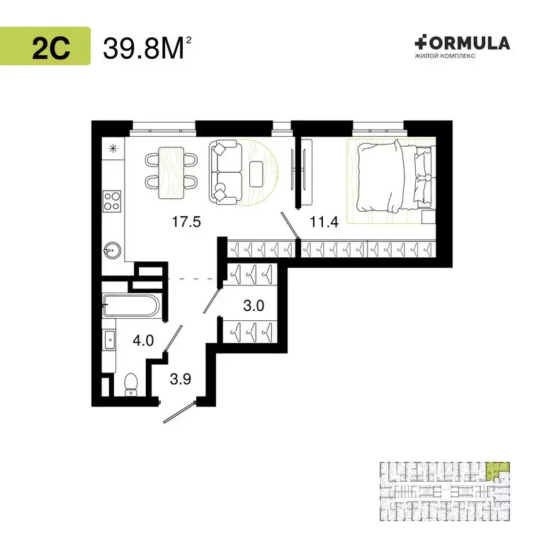 1-комнатная квартира: Уфа, ЖК Формула (39.8 м) - Фото 1