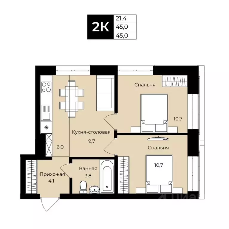 2-к кв. Башкортостан, Уфа ул. Ленина, 192 (45.0 м) - Фото 1