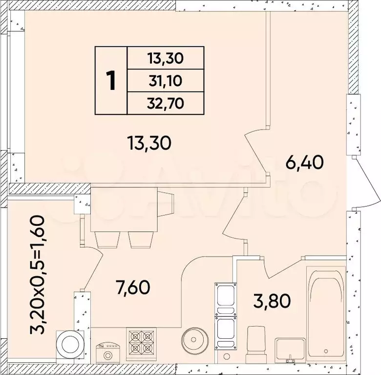 1-к. квартира, 32,7 м, 7/8 эт. - Фото 0