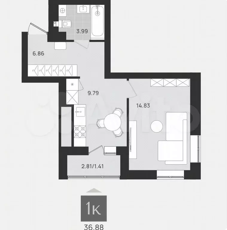 1-к. квартира, 36,9 м, 7/9 эт. - Фото 1