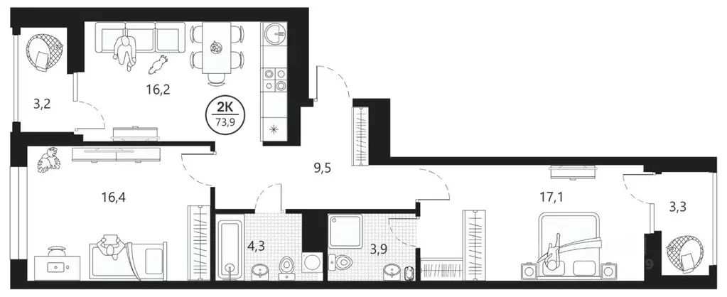 2-к кв. Тюменская область, Тюмень ул. Разведчика Кузнецова, 16 (73.9 ... - Фото 0