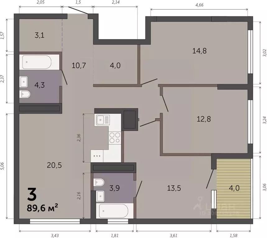 3-к кв. Свердловская область, Екатеринбург Южный жилрайон,  (89.6 м) - Фото 1