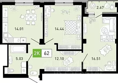 2-к кв. Тюменская область, Тюмень ул. Константина Посьета, 6 (62.4 м) - Фото 0