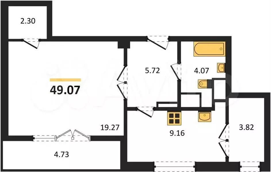 1-к. квартира, 49,1 м, 6/9 эт. - Фото 1