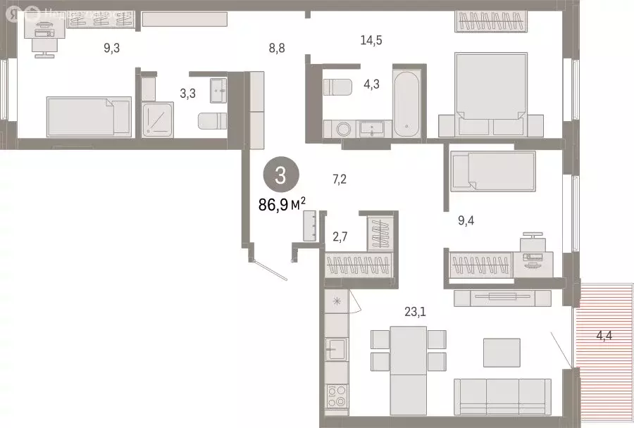 3-комнатная квартира: Омск, Кировский округ (86.89 м) - Фото 1