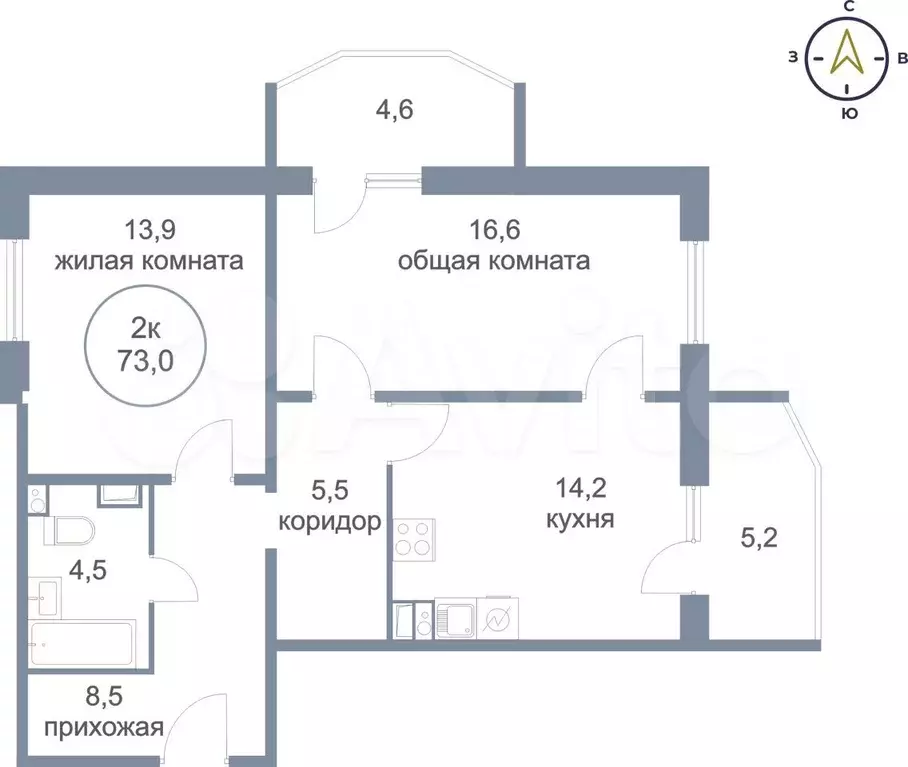 2-к. квартира, 73 м, 2/21 эт. - Фото 0