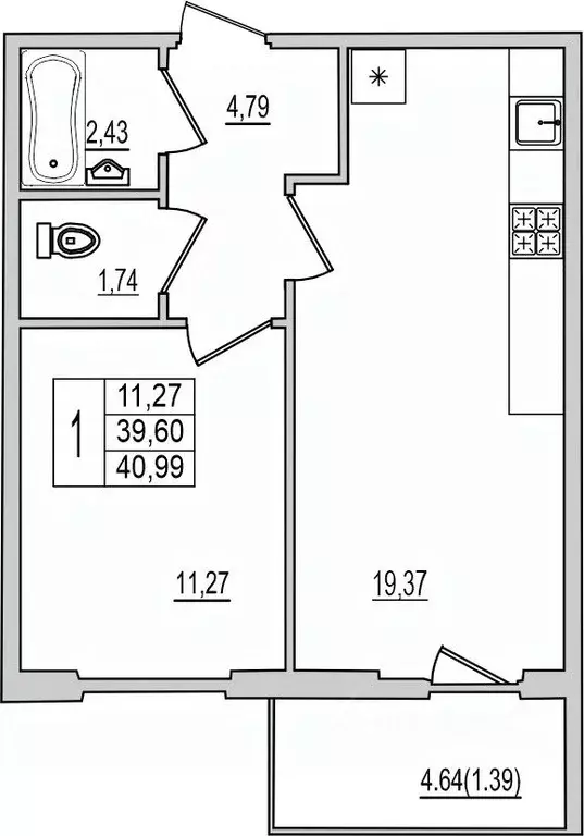 1-к кв. Псковская область, Псков Рижский просп., 94Г (40.99 м) - Фото 1
