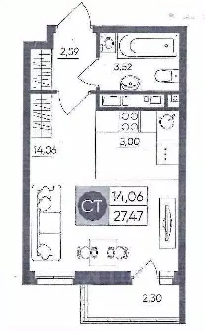 Студия Тульская область, Тула ул. Купцов Гречихиных, 10 (27.0 м) - Фото 2