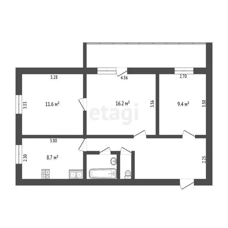 3-комнатная квартира: Тюмень, улица Малыгина, 58 (65.3 м) - Фото 0