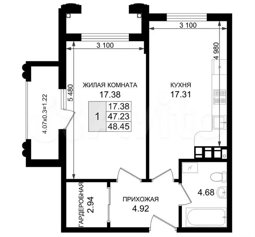 1-к. квартира, 48,5 м, 6/8 эт. - Фото 1