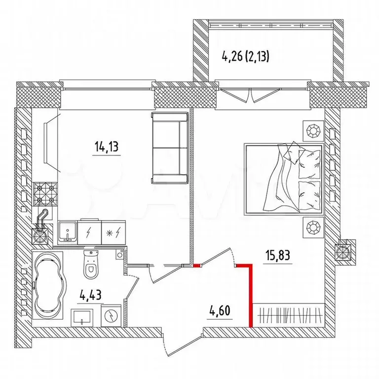 1-к. квартира, 41,1 м, 3/5 эт. - Фото 0