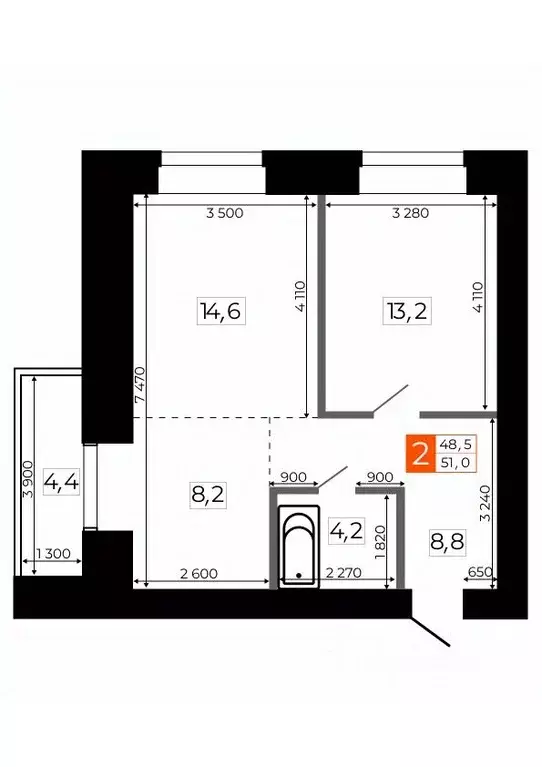 2-к кв. Амурская область, Благовещенск  (51.0 м) - Фото 1