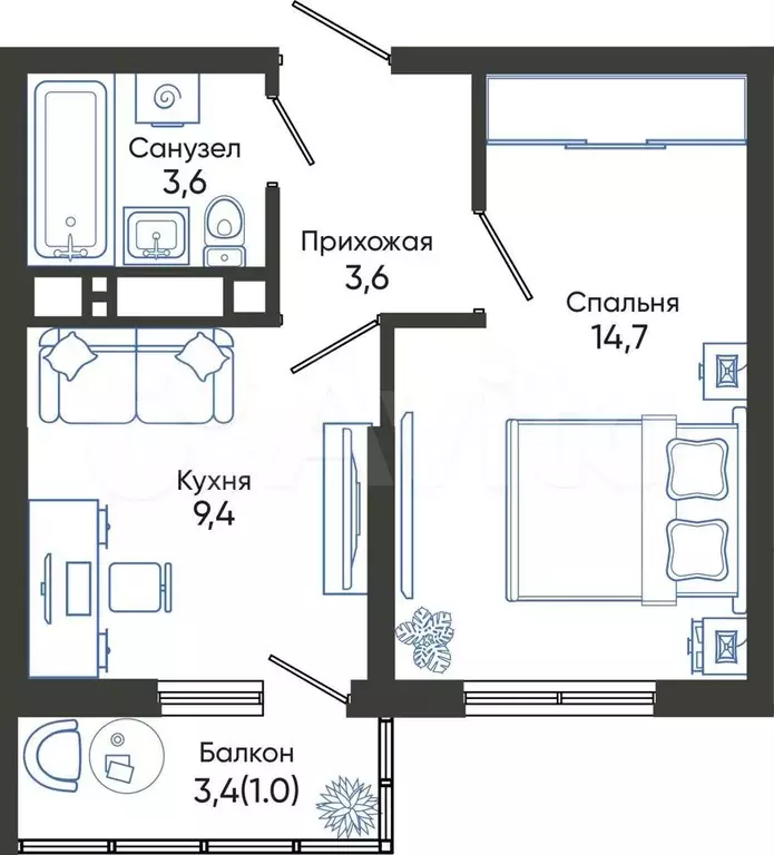 1-к. квартира, 32,3 м, 6/24 эт. - Фото 0