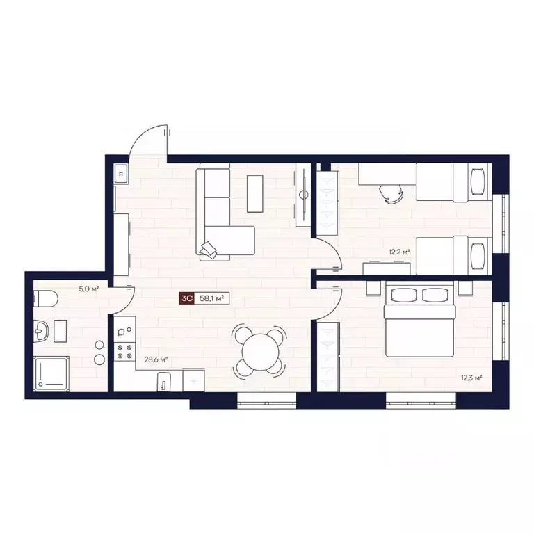 3-к кв. Новосибирская область, Новосибирск ул. Кошурникова, с24 (58.13 ... - Фото 0
