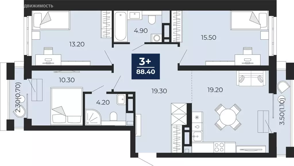 3-комнатная квартира: Тюмень, улица Пожарных и Спасателей, 2 (88.4 м) - Фото 1