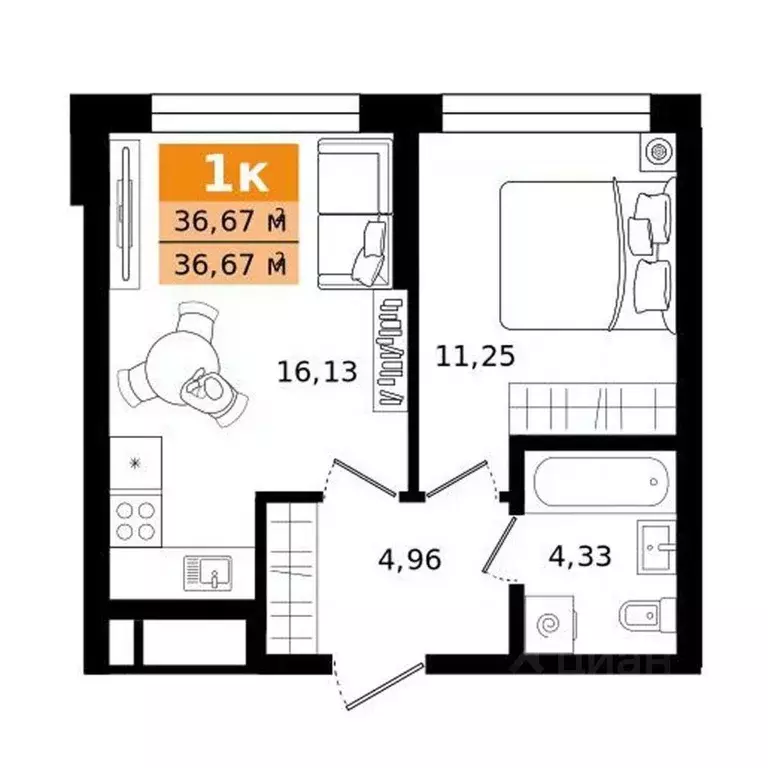 1-к кв. Свердловская область, Екатеринбург ул. Монтерская (36.67 м) - Фото 1