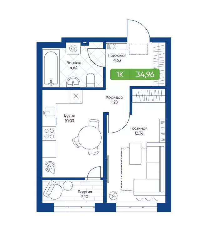 1-комнатная квартира: Новосибирск, жилой комплекс Биография (34.96 м) - Фото 1