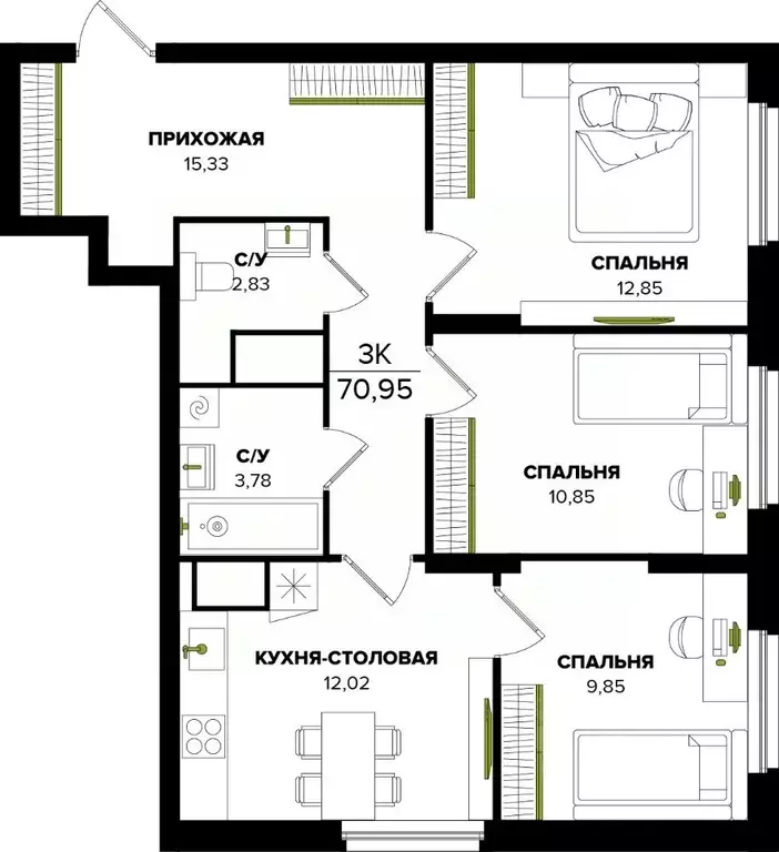 3-к кв. Тульская область, Тула ул. Академика Насоновой (70.95 м) - Фото 1
