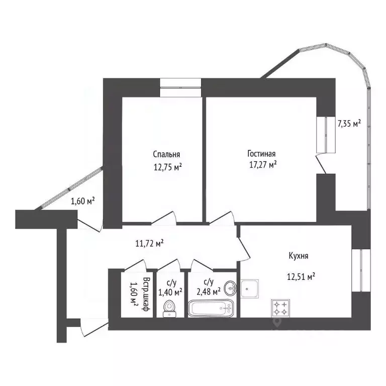 2-к кв. Башкортостан, Уфа Кавказская ул., 24 (60.2 м) - Фото 2