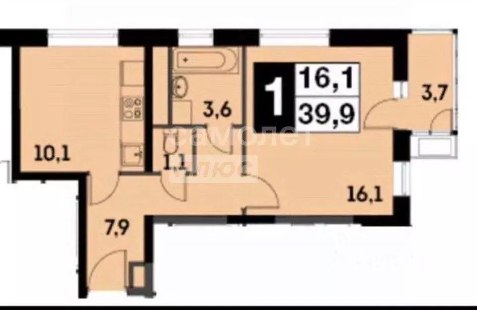 Квартира, 1 комната, 39.6 м - Фото 1