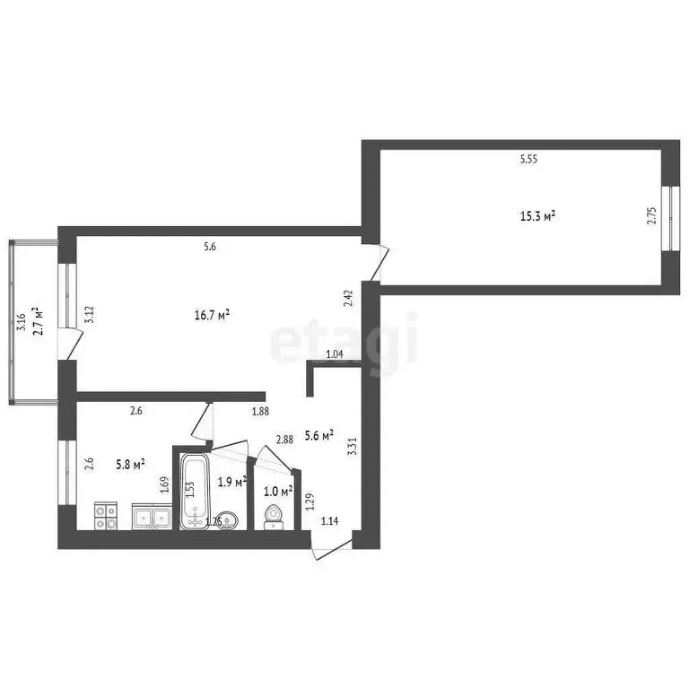 2-комнатная квартира: Стерлитамак, улица Курчатова, 8 (46.3 м) - Фото 1