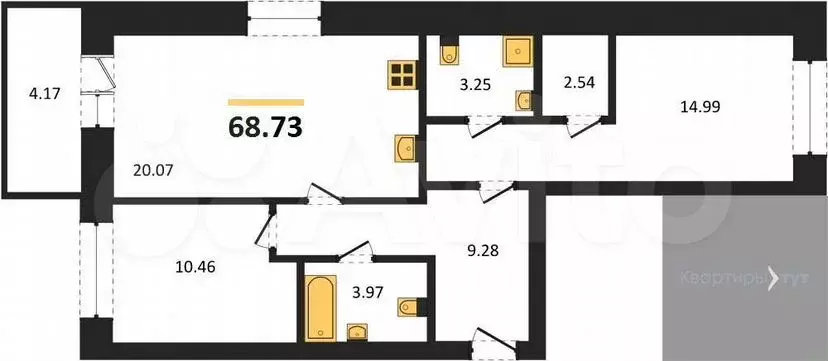 2-к. квартира, 68,7м, 5/9эт. - Фото 0