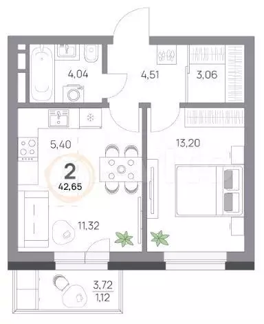 2-к. квартира, 42,7 м, 6/7 эт. - Фото 1