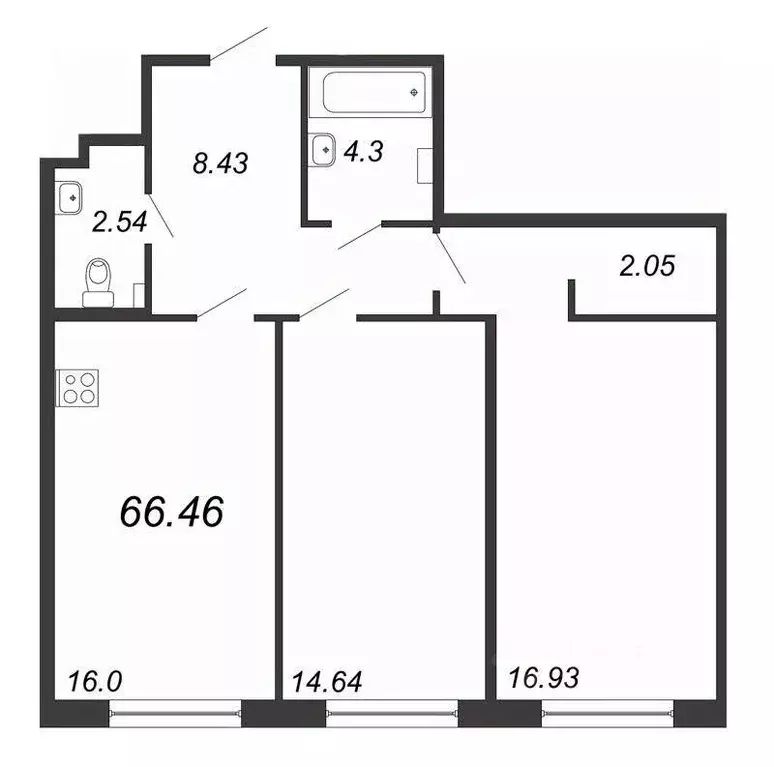 Квартира, 2 комнаты, 66.45 м - Фото 0