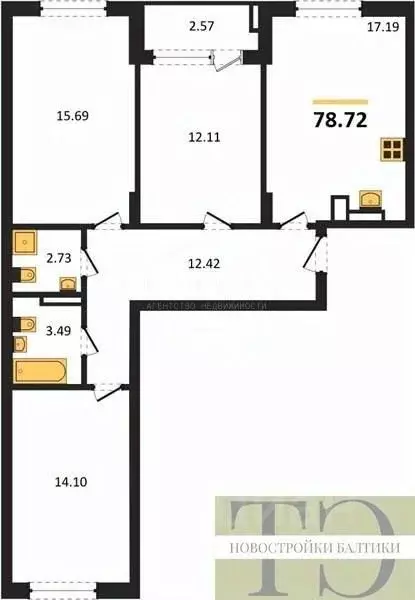 3-к кв. Калининградская область, Калининград Батальная ул., 65Б (78.72 ... - Фото 0