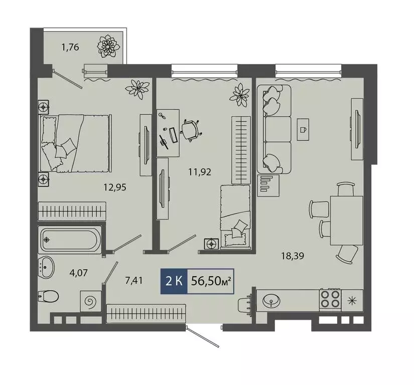 2-комнатная квартира: Тюмень, улица Василия Севергина, 9 (56.5 м) - Фото 1