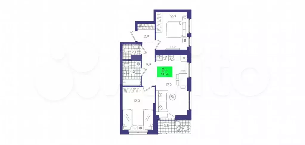 2-к. квартира, 58,4 м, 1/7 эт. - Фото 1