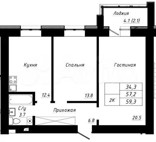 2-к. квартира, 59,3 м, 4/10 эт. - Фото 1