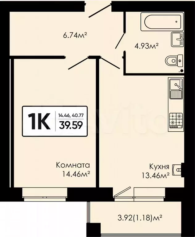 1-к. квартира, 39,6 м, 1/4 эт. - Фото 0