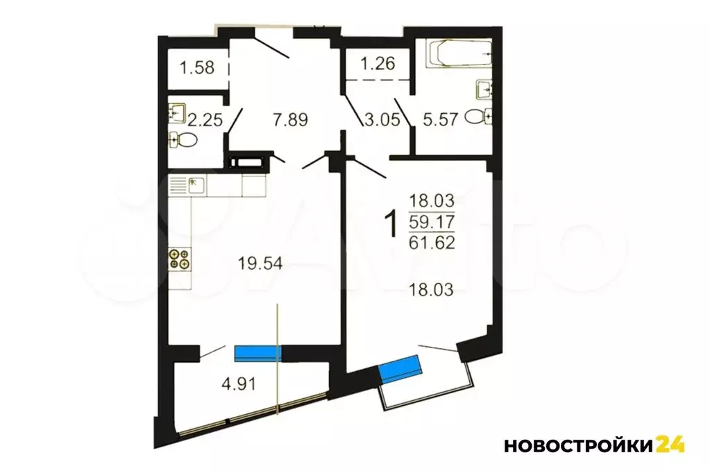 2-к. квартира, 61,9 м, 3/8 эт. - Фото 1