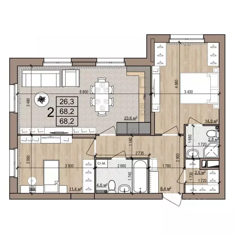 2-к кв. Рязанская область, Рязань ул. Новоселов, 33Б (68.2 м) - Фото 1