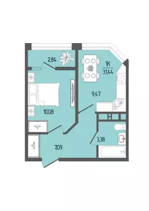 1-комнатная квартира: аул Новая Адыгея, Береговая улица, 2/8 (31.44 м) - Фото 1