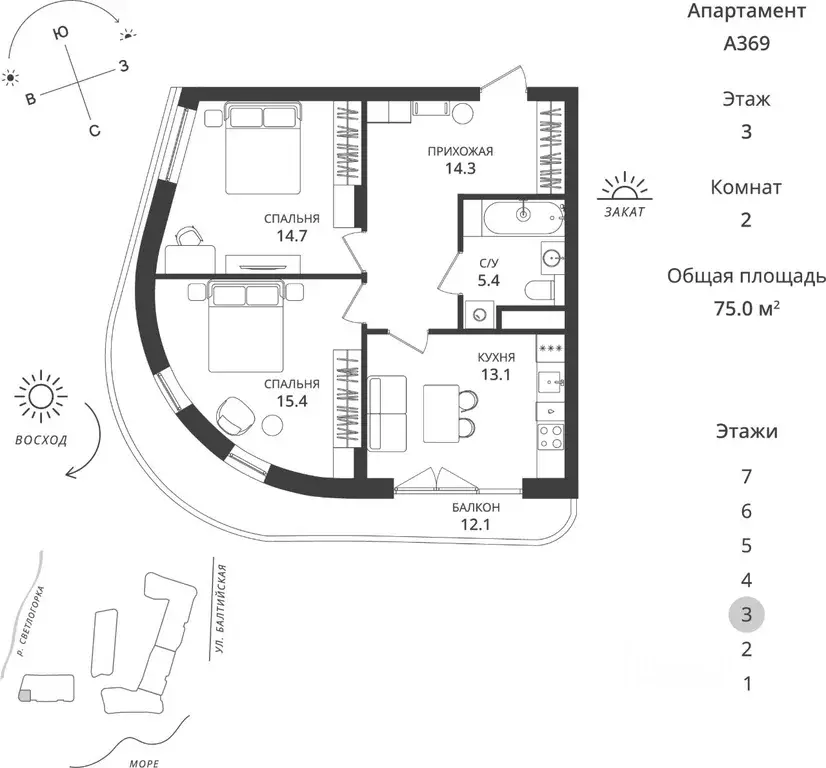 2-к кв. Калининградская область, Светлогорск  (75.0 м) - Фото 1