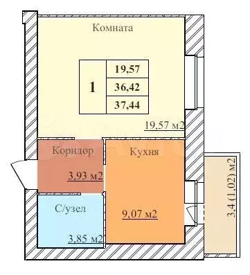 1-к. квартира, 37,4 м, 4/5 эт. - Фото 0