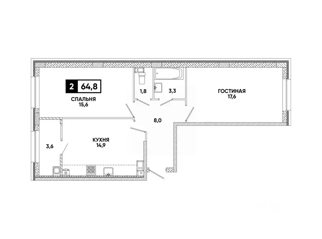 2-к кв. Ставропольский край, Ставрополь ул. Андрея Голуба, 12к8 (64.8 ... - Фото 1